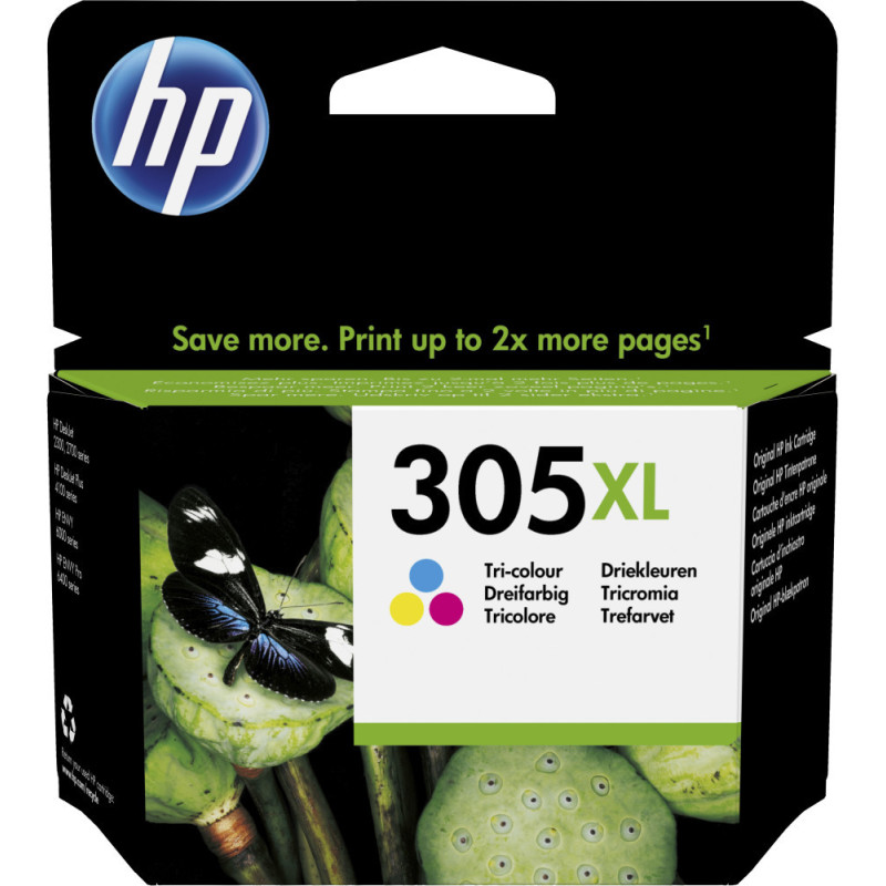 3YM63AE Cartouche HP 305XL Tricolore 3YM63AE Grande Capacité - Packaging HP XL avec vue produit