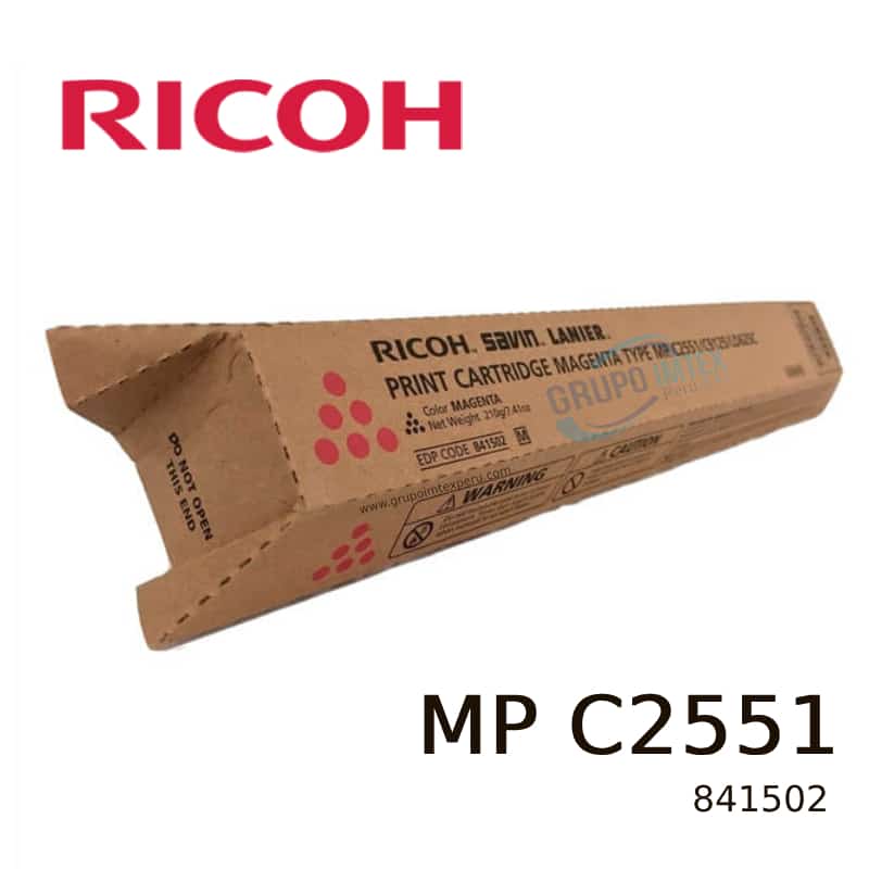 TONER-RICOH-841502-MP-C2551-MAGENTA-9.5KPG Le toner Ricoh MP C2551 Magenta offre jusqu’à 9 500 pages d’impressions couleur nettes et éclatantes, conçu pour les multifonctions Ricoh Aficio MP C2051 et MP C2551.