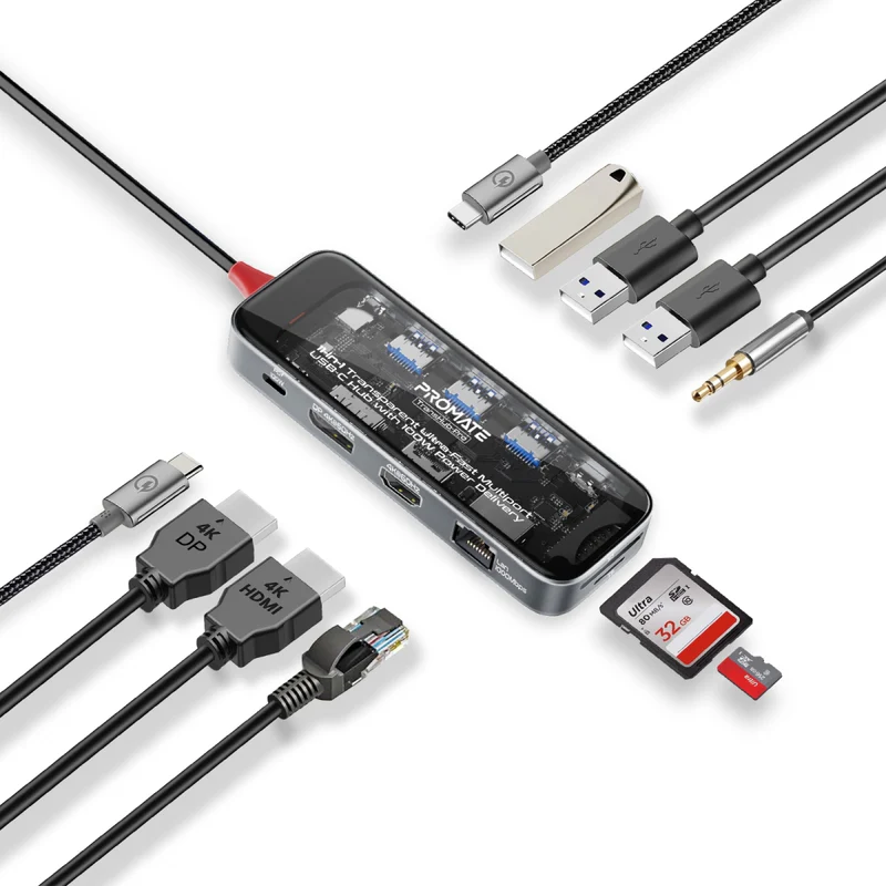 TransHub-ProEcom_1_800x Hub Promate TransHub-Pro USB-C 11 en 1 – 100W Power Delivery, HDMI 4K, DisplayPort, Ethernet, USB, SD/TF, AUX – Image 1
